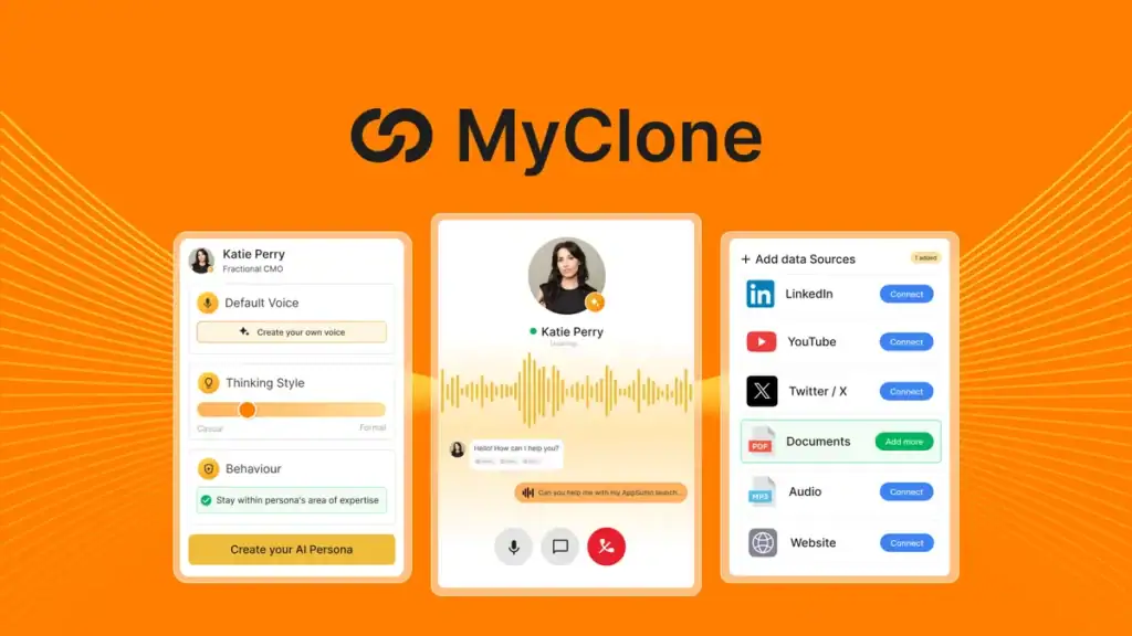 Three app screens showing MyClone features: persona settings, voice recording interface, and options to connect data sources like LinkedIn, YouTube, Twitter, documents, audio, and websites.