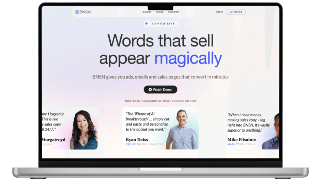 A laptop screen displays a website for BNSN, an AI-driven copywriting tool, with testimonials, a call-to-action to watch a demo, and the headline: "Words that sell appear magically.