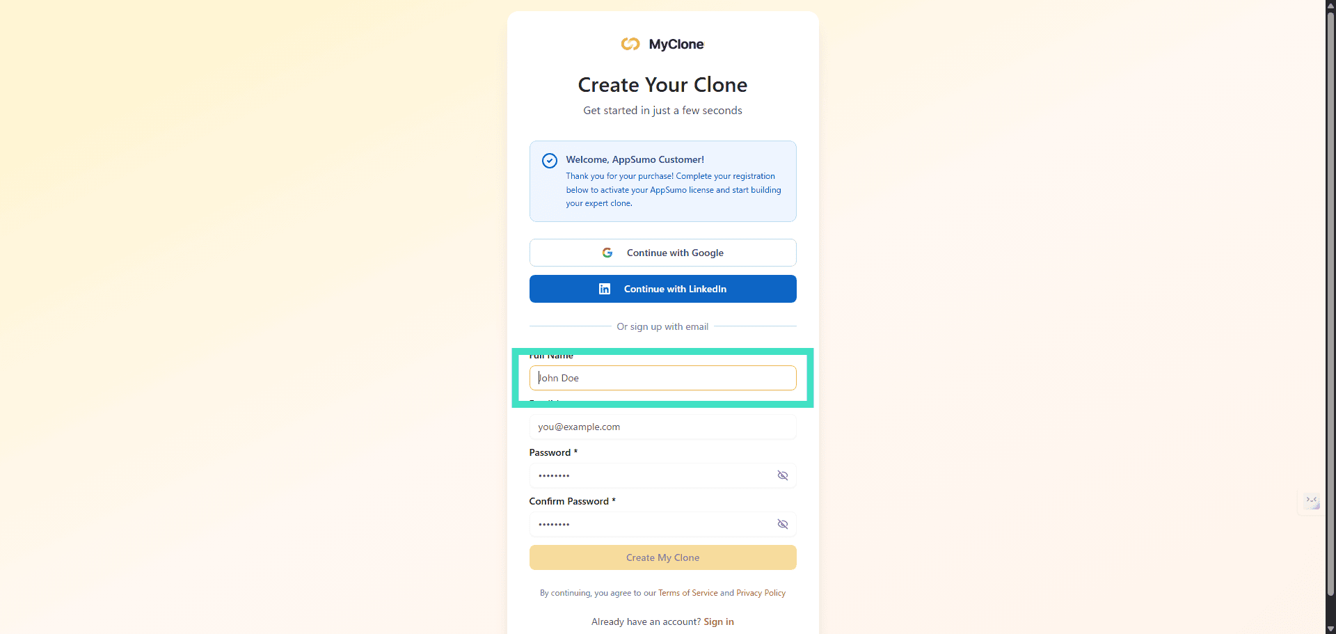 A registration page titled "Create Your Clone" with fields for name, email, password, confirm password, and options to sign up with Google or LinkedIn.